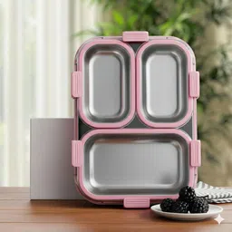 vrjk Stainless Steel 3 Compartment 750 ml Pink Girls Lunch Box with Spoon & Fork B75 3 Containers Lunch Box-picture-25