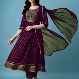 queensfab Women's Rayon Embroidered, Printed & Embellished Anarkali Kurta/Kurti Set. Embroidered Anarkali Kurta, Bottom & Dupatta Set-picture-28