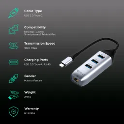 gripp POWERUP Mini Splitter 4-in-1 USB 3.0 Type C to USB 3.0 Type A, LAN Port Multi-Port Hub (1000 Mbps Data Transfer Speed, Gun Metal) image 2