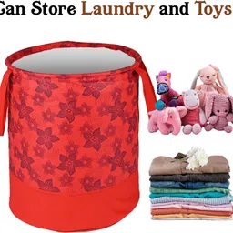 homestic Cotton Pack of 3 Flower Print Foldable 45L Toys Organizer for Kids Room | Red Storage Basket image 5