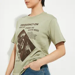 max URB_N Women Printed Round Neck Pure Cotton Green T-Shirt image 4
