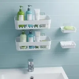 4Pcs Plastic Bathroom Shelves And Soap Dish (2 Bath Shelf + 2 Soap Dish),White Plastic Wall Shelf-image-91