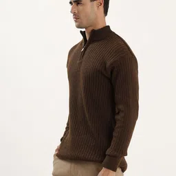 kveto Men Self Design High Neck Brown Sweater image 3