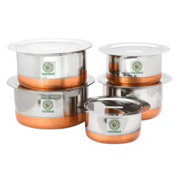 coconut Copper Base Induction Friendly Silver Stainless Steel (Set of 5) Cooking Pot with Lid image 4