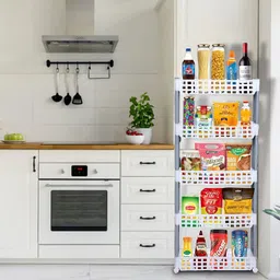 cutting edge 5 Layer | White & Grey | SLIM Classic- Smart Storage Organizer – Multipurpose & Easy-To-Move Slide Out Shelf Basket Rack Trolley EcoPlastic With Wheels for Kitchen | Bedroom | Bathroom | Home | Pantry | Washing & Utility Area Plastic Kitchen Trolley image 5