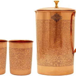 indianartvilla Embossed Design Jug With 2 Glass With Pitambari,Drinkware Jug Glass Set image 2