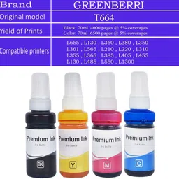 GREENBERRI T664 Ink For Ep L130,L380,L210,L220,L310, L350Printers - (C/M/Y/Bk - 70g x 4) Black + Tri Color Combo Pack Ink Bottle image 2
