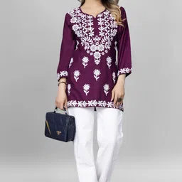 Women Chikan Embroidery Cotton Rayon A-line Kurta-image-19