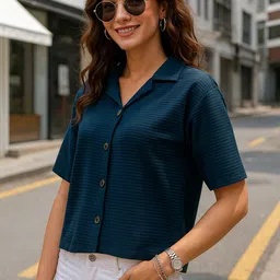 ekasya Women Boxy Fit Self Design Lapel Collar Casual Shirt image 3