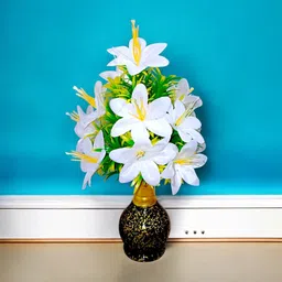 Caser Artificial White Lily Flower Bunch with Decorative Golden-Black Vase White Lily Artificial Flower with Pot-picture-13