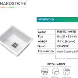 hardstone Kitchen sink (18 x 16 x 8.5 inches) Coupling/Waste pipe Granite Finish Corner Basin image 3