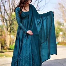 nari dream Women Applique Art Silk Anarkali Kurta With Attached Dupatta image 2