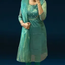 gatrad Women Embroidered Tussar Silk A-line Kurta With Attached Dupatta image 2