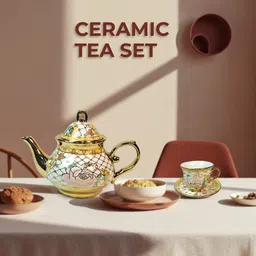 deedecorwave 13 Pieces Teapot with 6 Saucers,6 Cups & 1 Teapot with lid,1 Metal stand Jug Glass Tray Set image 3