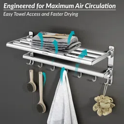 plantex Folding Towel Rack with Hooks for Bathroom/24 Inch Towel Hanger/Towel Stand Silver-Chrome Towel Holder image 2