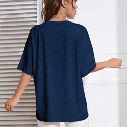 being wanted Women Solid Round Neck Pure Cotton Dark Blue T-Shirt image 2