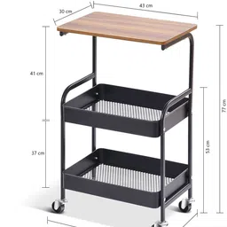 krishyam ® Rolling Cart with Wooden Tabletop, 3 Tier Metal Utility Cart, Rolling Storage Carbon Steel Kitchen Trolley image 5