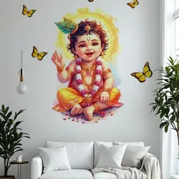 deeya creation 16 inch Premium Baby Krishna with Butterflies Wall Sticker Size – 16.5 x 19 Inch Self Adhesive Sticker image 2
