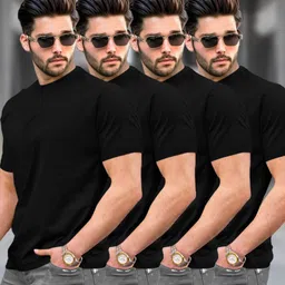 tripr Pack of 4 Men Solid Round Neck Cotton Blend Black T-Shirt-picture-25