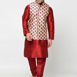 kaifoo Men Pure Silk Kurta Churidar Ethnic Jacket Set-picture-17