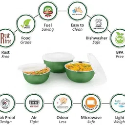 genkraft Stainless Steel, Plastic Storage Bowl Flora Stainless Steel Microwave Safe 3 Pcs. Bowl Set with Lid-Dark Green image 4