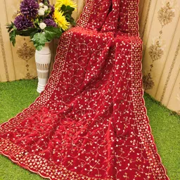 tathastufab Velvet Embroidered, Embellished Red Women Dupatta image 4