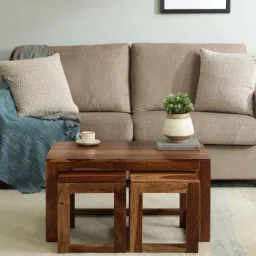 woodsworth from pepperfry Avian Sheesham Wood Nesting Coffee Table Set in Rustic Teak Finish With Stools image 1