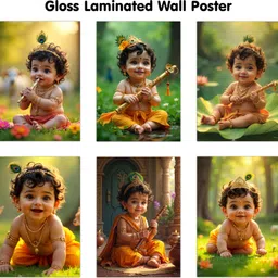 go woo KRISHNA BABY POSTER - 1, 2, 3, 4, 5 and 6 (GLOSS LAMINATION) :- glossy Krishna devotional wall frame, cute posters for home decorations, Krishna poster for pregnancy positivity | Set of 6 baby posters Paper Print-picture-10