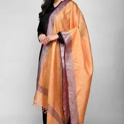 aamir fashion textile Linen Blend Self Design Orange Women Dupatta image 2