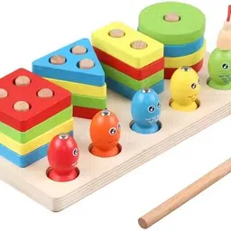 2 in 1 Wooden Stacking Toys, Shape Sorting Board & Wooden Toddler Fishing Toys,-image-14