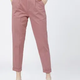 Women Tapered Red Cotton Blend Trousers-image-67