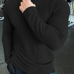 kajaru Men Self Design Round Neck Polyester Black T-Shirt image 1