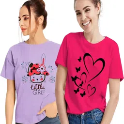 rubyknits Pack of 2 Women Printed Round Neck Polyester Purple, Pink T-Shirt-picture-19