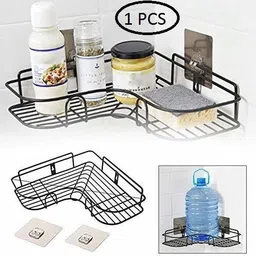 Afrodite Self-Adhesive Modern Metal Bathroom Storage Corner Rack, Shampoo Holder Iron Wall Shelf-image-4