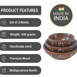 cleevora Wooden Serving Bowl Wood Bowl Set of 3 Brass Inlay Work: Salad, Soup, Snacks, Prep Serving Dish image 5