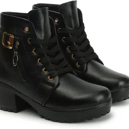 yuggi Women’s Grey Lace-Up Boots with Zip & Buckle Detail and Block Heel Boots For Women image 5