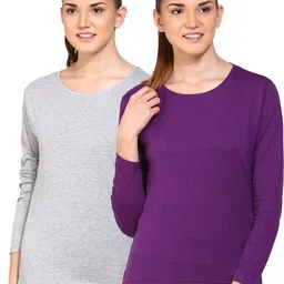 ap'pulse Pack of 2 Women Solid Round Neck Pure Cotton Purple, Grey T-Shirt-picture-31