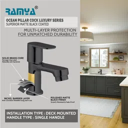 ramya Ocean Pillar Cock Tap Brass Luxury Series Superior Matte Black Finish Coated Pillar Cock water tap wash basin tap bib tap faucet Pillar Tap Faucet image 2