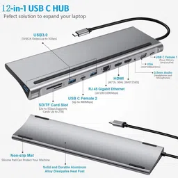 DooBuy USB C to 12 in 1 HUB Dock MST,Aluminium Type C Station 2* HDMI Port, 1* VGA,RJ45 ,3 USB 3.0 Ports,3.5mm Audio,USB-C Power Delivery,TF/SD Slot and USB C Data Port USB Hub image 2