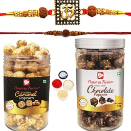 Religious Designer OM Rakhi, 1 Dhaga with 2 Jars Popcorn Chocolate & Caramel Gold Finish Chawal Roli Pack, Rakhi Set-image-42