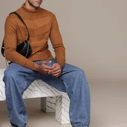 roadster Men Self Design Turtle Neck Brown Sweater image 4