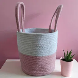 ambaenterprises Cotton Pink & White Cotton Rope Storage Basket – 20x20x20 cm Storage Basket-picture-36