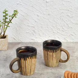 Unravel India Glazed Brown & Beige 2 Pcs Textured Ceramic Matte Mugs 300 ml Each-image-93