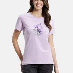 1361 Women Graphic Print Round Neck Cotton Blend Purple T-Shirt-image-48