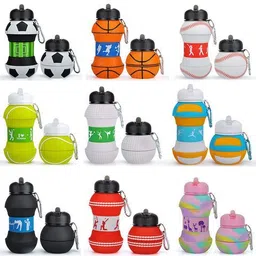 Silicone 550ML Kids Folding Sports Theme Water Bottle with Key Hang Holder, 1Pc 550 ml Bottle-image-3