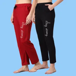 seaser Pack of 2 Women Printed Maroon, Black Track Pants-picture-23