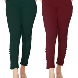 deepa Pack of 2 Women Slim Fit Dark Green, Maroon Cotton Blend Trousers-picture-48