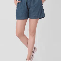 cefalu Solid Women Denim Blue Regular Shorts image 5