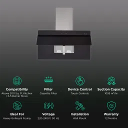 FABER COCKTAIL 3D T2S2 BK TC LTW 90cm 1095m3/hr Ducted Wall Mounted Chimney with Touch Control Panel (Black) image 3