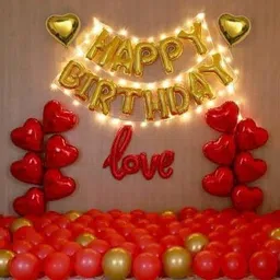 seal the deal Solid Happy Birthday Balloons for Decoration kit with 12pc Heart, 1pc Happy Birthday, 1pc Red Cursive Love Letter, 2pc Golden Heart, 10pc Golden Chrome, 50pc Red Latex & 1 Fairy Light (Red, Gold, Pack of 77) Balloon image 1
